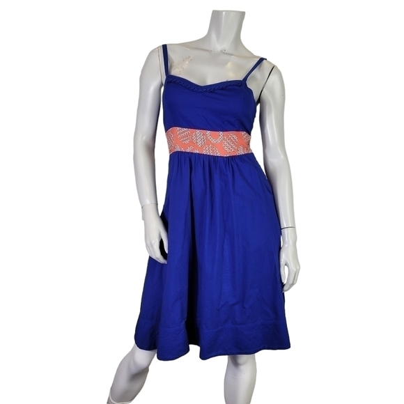 Anthropologie Edme & Esyllte  SZ 4 Blue Orange Cotton Silk A Line Summer - Picture 1 of 12